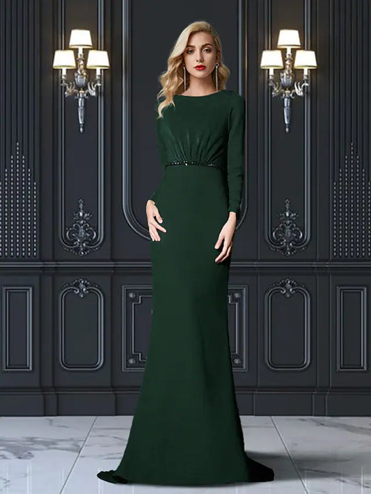 Mother of the Bride Dress Plus Size Elegant Jewel Neck Sweep  Chiffon Long Sleeve with Sash  Ribbon