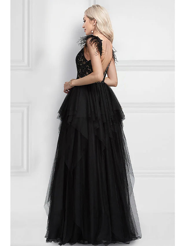 Prom Dresses Black Dress Wedding Party Floor Length Sleeveless V Neck Tulle with Feather Appliques