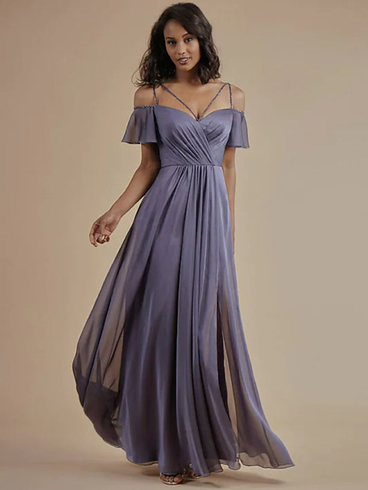 A-Line Bridesmaid Dress Spaghetti Strap Short Sleeve Open Back Floor Length Chiffon with Beading  Split Front