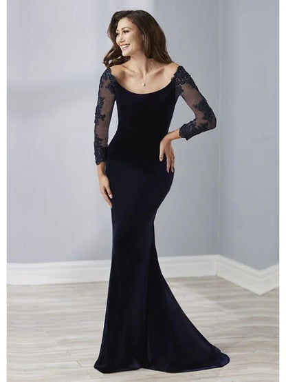 Evening Gown Elegant Dress Engagement Length Sleeve Scoop Neck Velvet with Beading