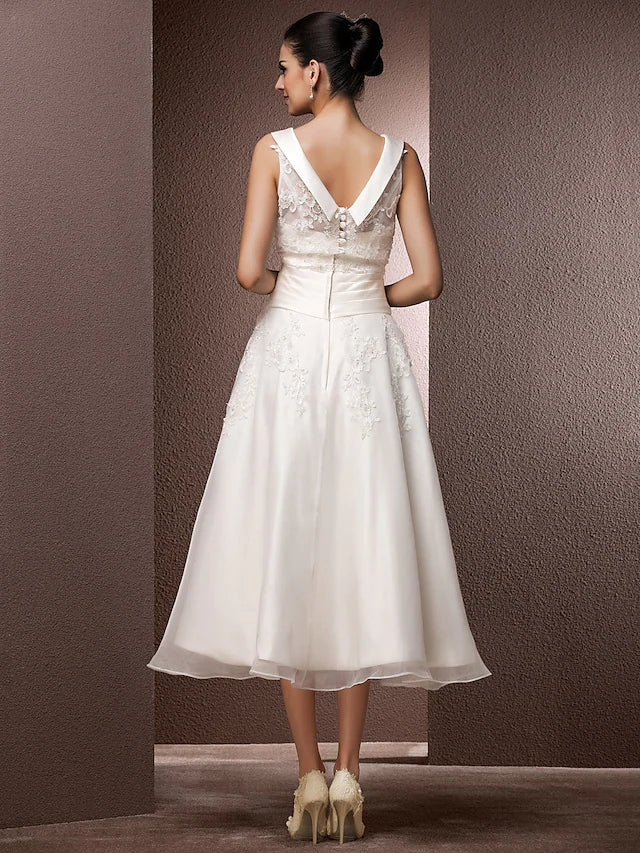Wedding Dresses Tea Length A-Line Regular Straps Bateau Neck Organza With Pearl Beading