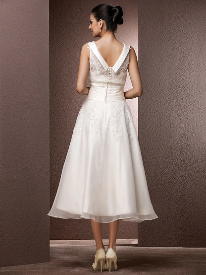 Wedding Dresses Tea Length A-Line Regular Straps Bateau Neck Organza With Pearl Beading