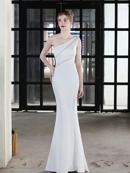 Evening Gown Sexy Dress Wedding Guest Floor Length Sleeveless One Shoulder Stretch Satin with Crystals