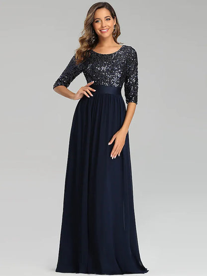 Wedding Guest Formal Evening Dress Jewel Neck  Length Sleeve Floor Length Tulle with Sequin