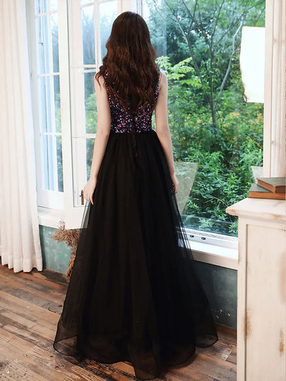 Glittering Minimalist Wedding Guest Prom Dress V Neck Sleeveless Floor Length Sequined with Sequin