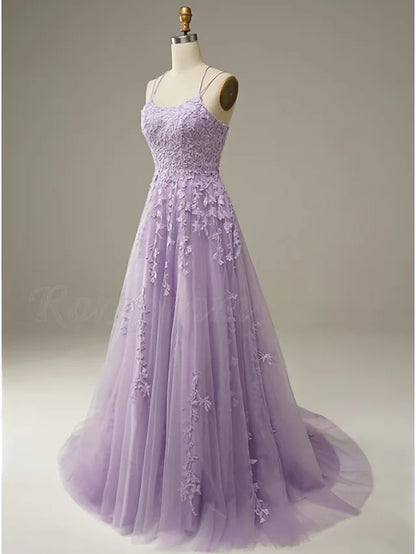 Prom Dresses Floral Dress Formal Chapel Train Sleeveless Spaghetti Strap Tulle with Appliques