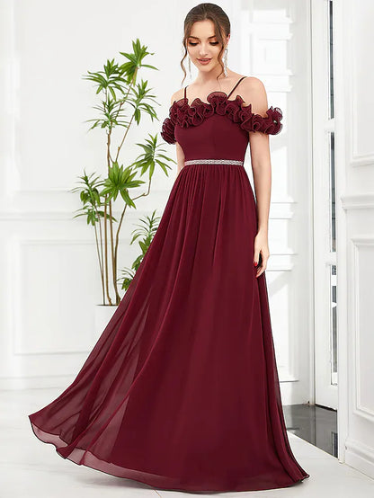 Prom Dresses Vintage Dress Wedding Guest Floor Length Sleeveless Off Shoulder Chiffon with Appliques Shouder Flower