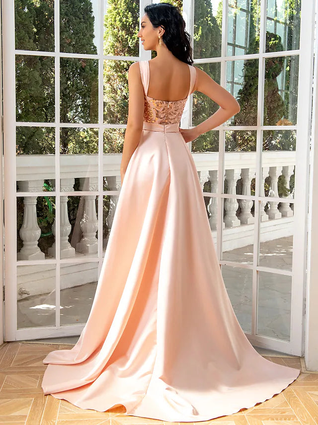 Evening Gown Luxurious Dress Wedding Party Floor Length Sleeveless V Neck Detachable Satin with Sequin Slit