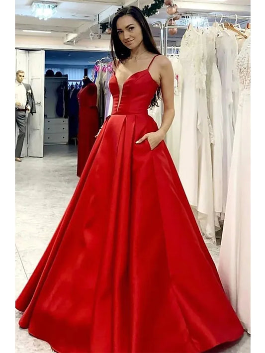 Prom Dresses Minimalist Dress Formal Floor Length Sleeveless V Neck Pocket Satin with Pleats