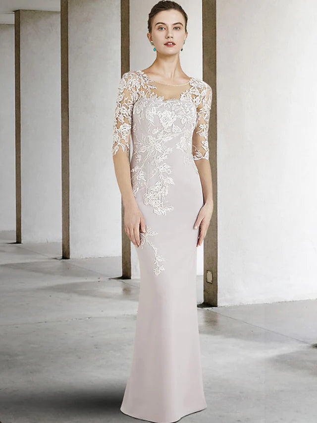 Mother of the Bride Dress Elegant Jewel Neck Floor Length Chiffon Lace Half Sleeve with Appliques