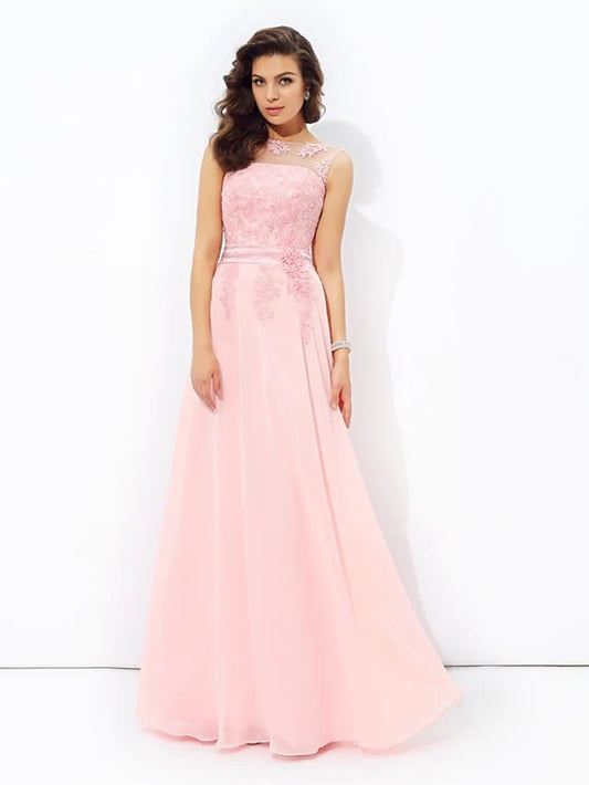 Prom Dresses Sparkle & Shine Dress Formal Floor Length Sleeveless Jewel Neck Chiffon with Appliques