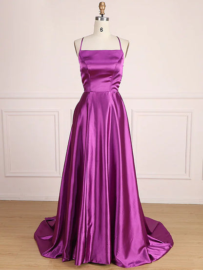 A-Line Prom Dresses Minimalist Dress Party Wear Sweep  Sleeveless Spaghetti Strap Satin with Pleats Slit