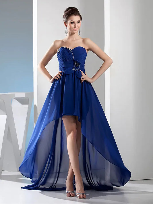 Evening Gown Elegant Dress Wedding Guest Asymmetrical Sleeveless Sweetheart Chiffon with Ruched Crystals