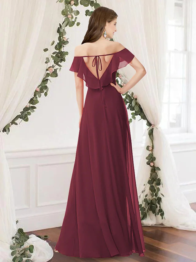 A-Line Bridesmaid Dress Off Shoulder Sleeveless Elegant Floor Length Chiffon with Pleats  Split Front