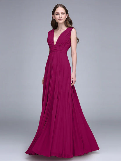 Bridesmaid Dress V Neck Sleeveless Elegant Floor Length Chiffon with Ruched    Draping