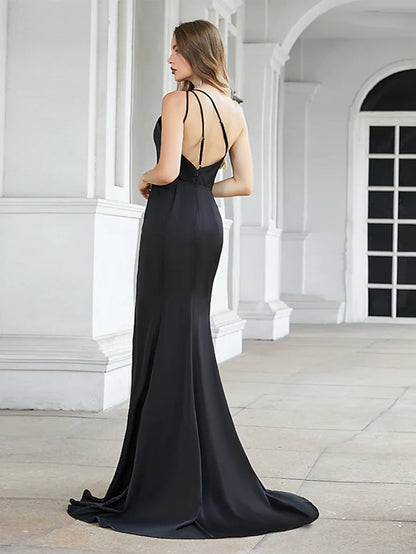 Evening Gown Elegant Dress Formal Evening Court Train Sleeveless One Shoulder Charmeuse with Slit