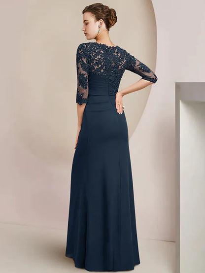 Mother of the Bride Dress Formal Elegant Jewel Neck Floor Length Chiffon Lace  Length Sleeve with Beading Appliques