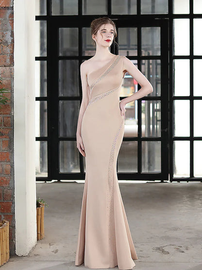 Evening Gown Sexy Dress Wedding Guest Floor Length Sleeveless One Shoulder Stretch Satin with Crystals