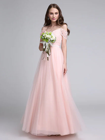 A-Line Bridesmaid Dress Spaghetti Strap Sleeveless Open Back Floor Length Lace Over Tulle with Lace  Sash  Ribbon