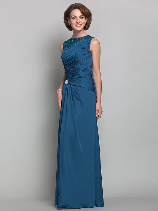Mother of the Bride Dress Vintage Inspired Jewel Neck Floor Length Satin Chiffon Sleeveless with Beading