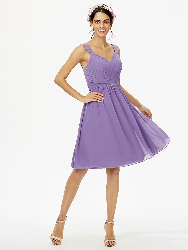 A-Line Bridesmaid Dress Straps Sleeveless Open Back Knee Length Chiffon with Sash  Ribbon  Bow(s)