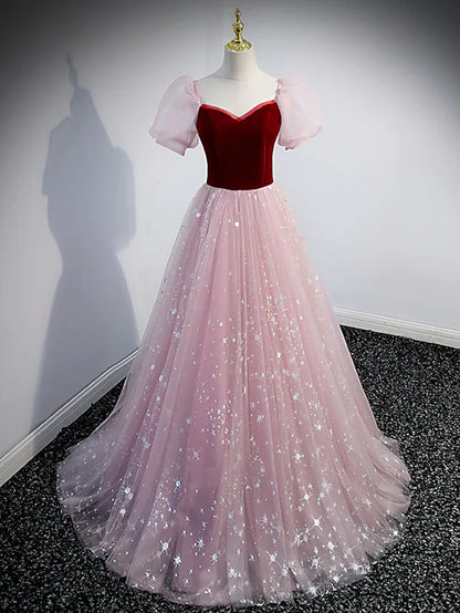 Prom Dresses Princess Dress Prom Floor Length Short Sleeve Sweetheart Tulle with Sequin