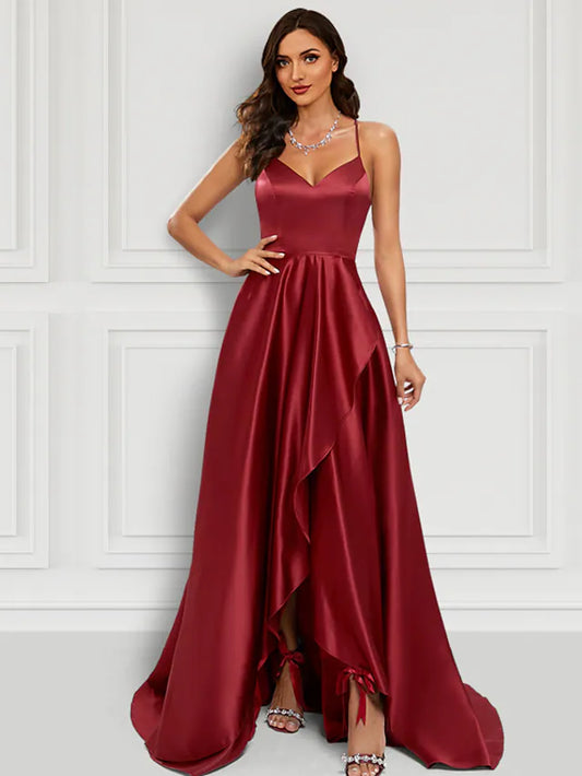 Prom Dresses Sexy Dress Formal Asymmetrical Sleeveless Spaghetti Strap Charmeuse with Ruffles Slit