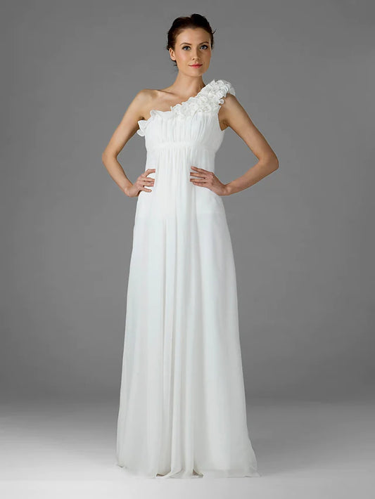 Bridesmaid Dress One Shoulder Sleeveless Elegant Floor Length Chiffon with Ruffles  Draping