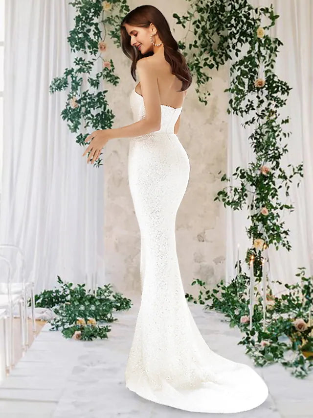 Engagement Formal Sparkle & Shine Wedding Dresses Court  Mermaid  Sleeveless One Shoulder Satin With Sequin