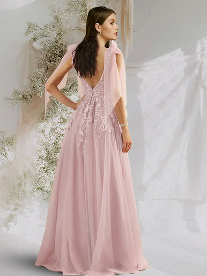 Beautiful Back Floral Open Back Engagement Prom Dress V Neck Backless Sleeveless Floor Length Tulle with Bow(s) Appliques