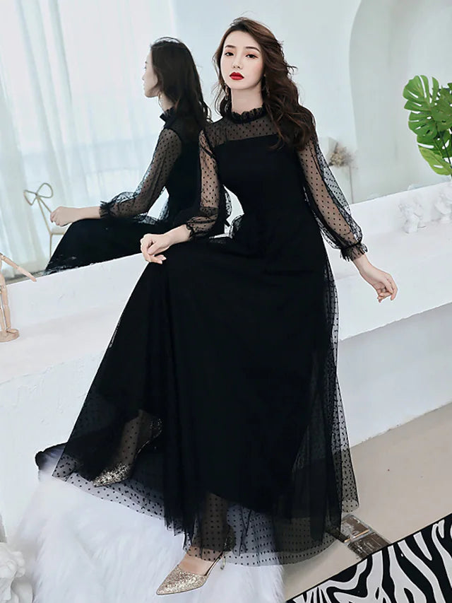 Little Black Dress Elegant Party Wear Prom Dress High Neck Long Sleeve Floor Length Lace with Ruffles