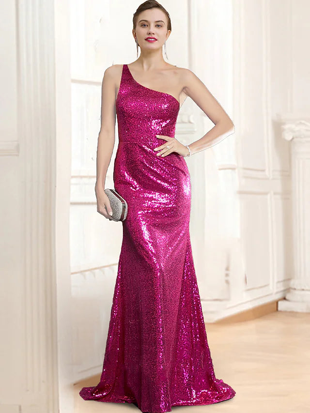 Prom Dresses Vintage Dress Party Wear Sleeveless One Shoulder Sequined Backless with Sequin