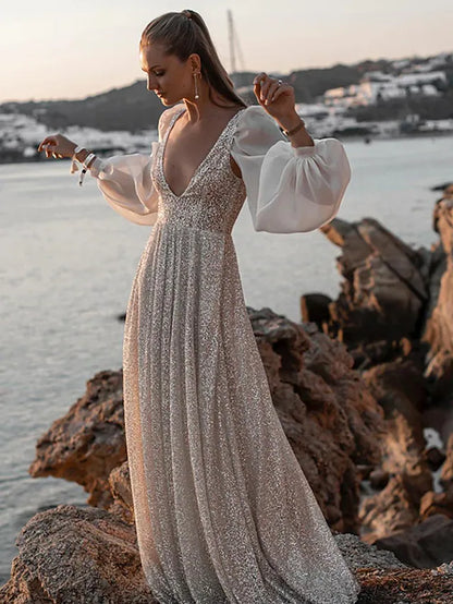 Open Back Wedding Dresses   Long Sleeve V Neck Sequined With Pleats