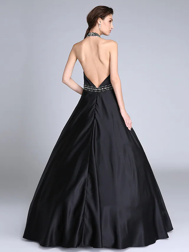 Ball Gown Dress Prom Floor Length Sleeveless Halter Satin with Sash  Ribbon Beading
