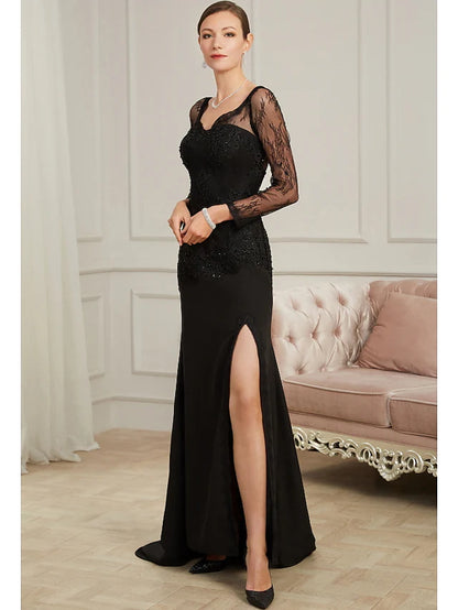 Evening Gown Sexy Dress Party Wear Long Sleeve V Neck Chiffon with Beading Slit Appliques