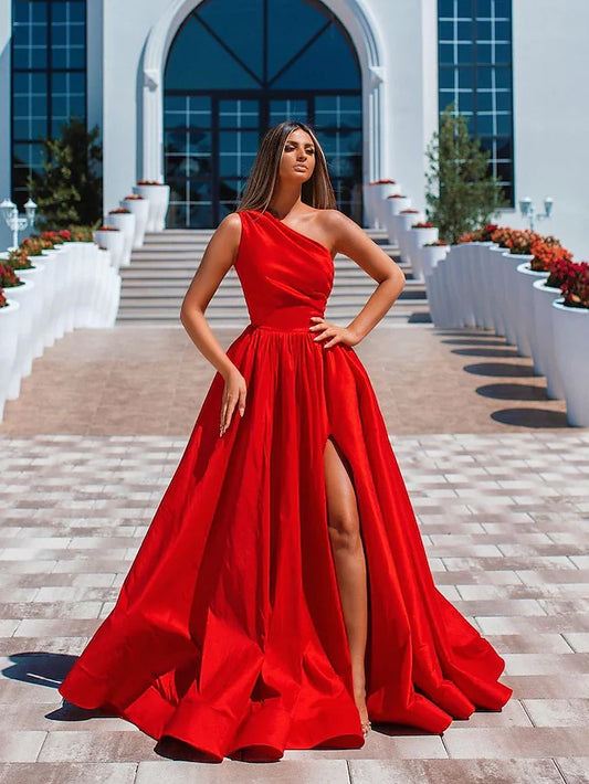 High Split Prom Formal Evening Dress One Shoulder Sleeveless Floor Length Charmeuse with Ruched Slit