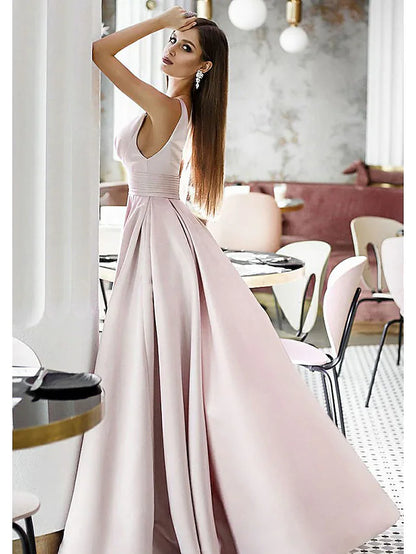 A-Line Elegant Engagement Formal Evening Dress V Neck Sleeveless Sweep  Brush Train Satin with Pleats
