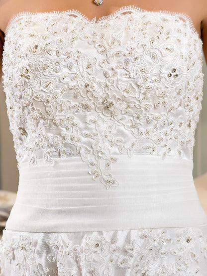 Open Back Little White Dresses Wedding Dresses Asymmetrical A-Line Strapless Strapless Beaded Lace With Appliques Button