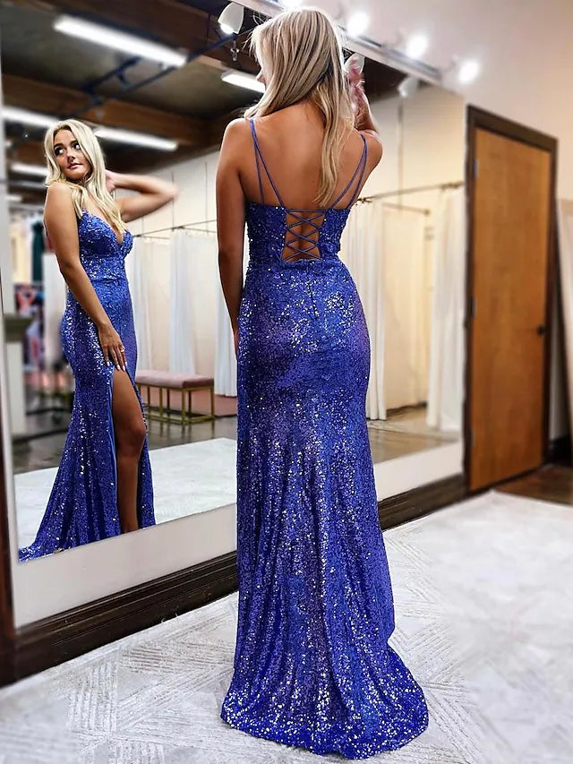 Prom Dresses Sparkle & Shine Dress Formal Sleeveless V Neck Sequined Backless with Glitter Sequin