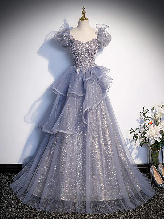 Quinceanera Dresses Princess Dress Performance Floor Length Short Sleeve Square Neck Tulle with Crystals Ruffles
