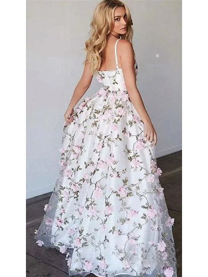 Prom Dresses Floral Dress Formal Floor Length Sleeveless V Neck Lace with Floral Print