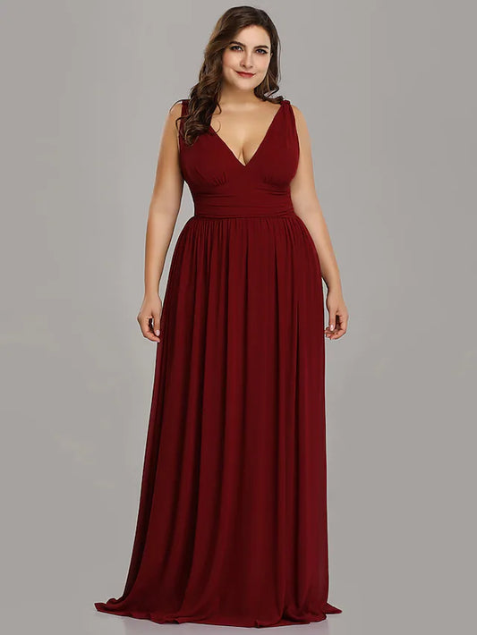 Plus Size Wedding Guest Formal Evening Dress V Neck V Back Sleeveless Floor Length Chiffon with Pleats