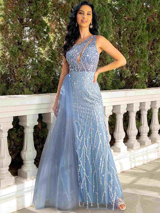 Evening Gown Cut Out Dress Wedding Party Floor Length Sleeveless One Shoulder Tulle with Sequin