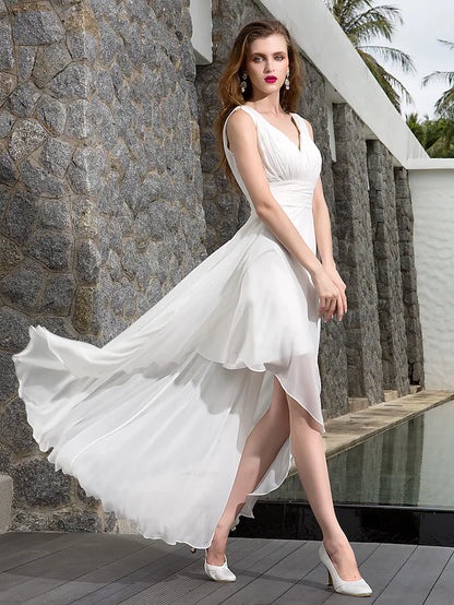 Beach Wedding Dresses Asymmetrical A-Line Regular Straps V Neck Georgette With Ruched Side-Draped