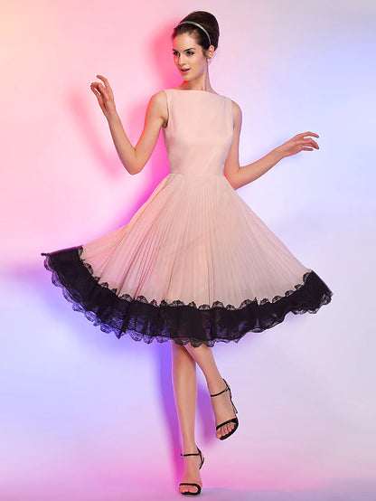 A-Line Vintage Dress Homecoming Knee Length Sleeveless Boat Neck Chiffon with Lace Insert