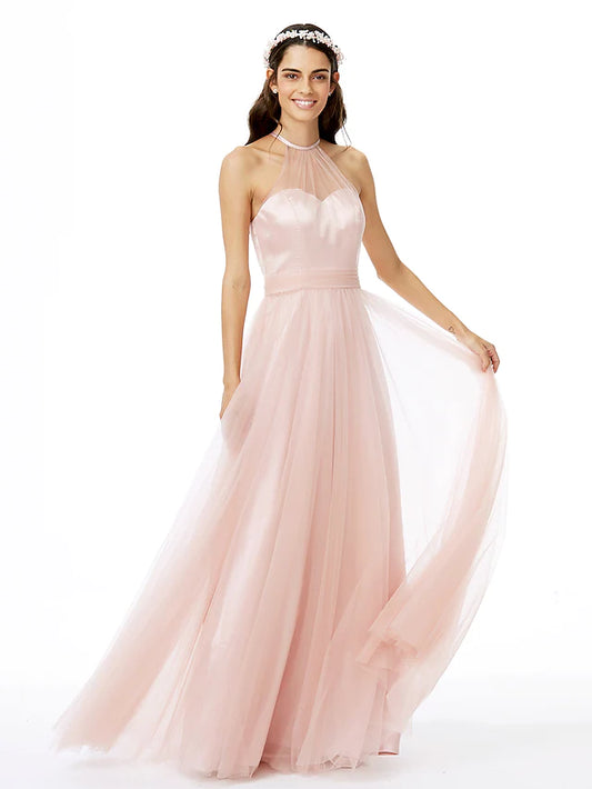A-Line Bridesmaid Dress Jewel Neck Sleeveless See Through Floor Length Tulle with Sash   Ribbon   Pleats
