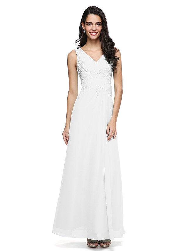 Bridesmaid Dress V Neck Sleeveless Elegant Floor Length Chiffon with Criss Cross   Side Draping