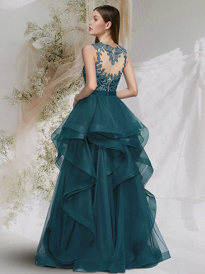 Cut Out Sexy Prom Formal Evening Dress Jewel Neck Sleeveless Floor Length Tulle with Lace Insert