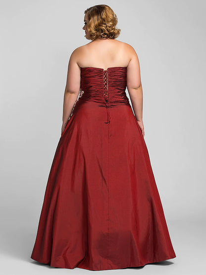 Plus Size Prom Formal Evening Dress Strapless Sleeveless Floor Length Taffeta with Beading Appliques