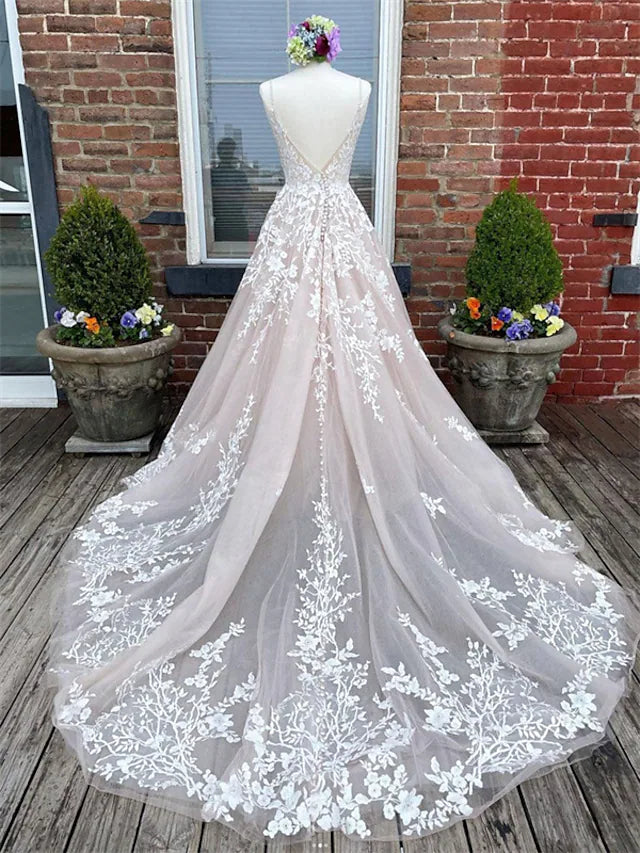 Wedding Dresses in Color Formal Wedding Dresses Chapel Train A-Line Sleeveless Spaghetti Strap Lace With Buttons Appliques